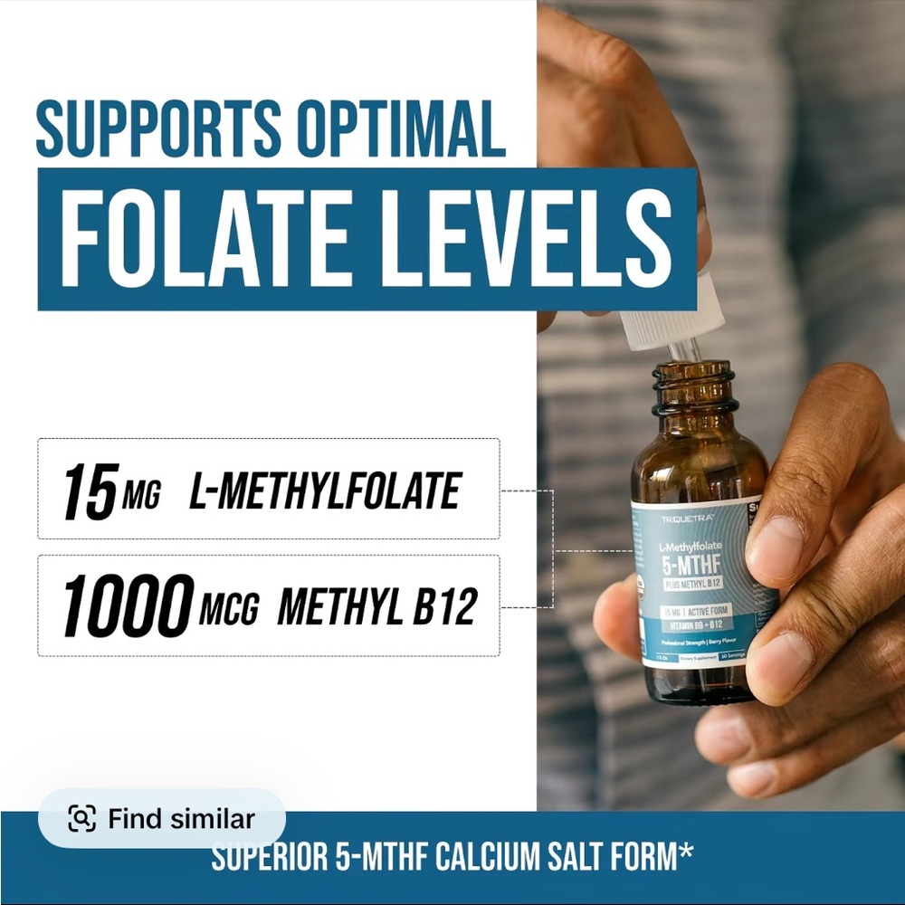 L- Methylfolate 15mg + B12 Pro Strength, Liquid 5-MTHF Form, Supports Mood - Picture 4 of 9